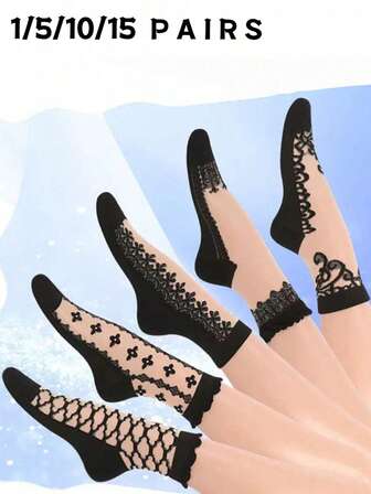 5 Pairs Of Ladies' Black Thin Flower Printed Stockings Are Soft, Breathable, Wear-Resistant And Non-Slip For Daily Wear.