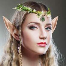 Hicarer Elf Ears With Crown Set, Fairy Crown Rhinestone Leaf Tiara And Soft Elf Ears Cuffs For Women Halloween Cosplay Costume Party - ColorF - 查看 5