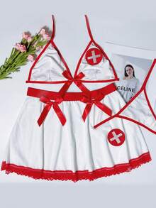 Conjunto de 3 peças de lingerie sexy para dramatização feminina, inclui uniforme de enfermeira