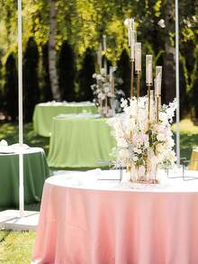 4/12pcs 84-Inch Sage Green, Pink & Gold Round Plastic Disposable Tablecloth, Suitable For Christmas Themed Party, Bridal Wedding, Birthday Party, Gender Reveal Party, Baby Christening