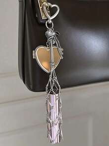 Chaveiro porta-batom de metal com bolso de rede substituível em aço inoxidável, decoração de coração e estrela, mini espelho, acessório elegante para pendurar em bolsas e carteiras, acessório de maquiagem portátil para mulheres, meninas, amantes da beleza e para presentear. - Multicolorido - Ver 5