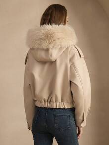 女士秋冬落肩长袖实用口袋连帽休闲外套，配人造毛领 - 杏色 - 查看 8