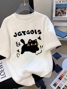 Pure Short Sleeve T-Shirt Women's Casual Slimming Round Neck Cat Print Summer Top Korean Style Casual Wear Tops Graphic Y2K - 白色9 - 查看 1