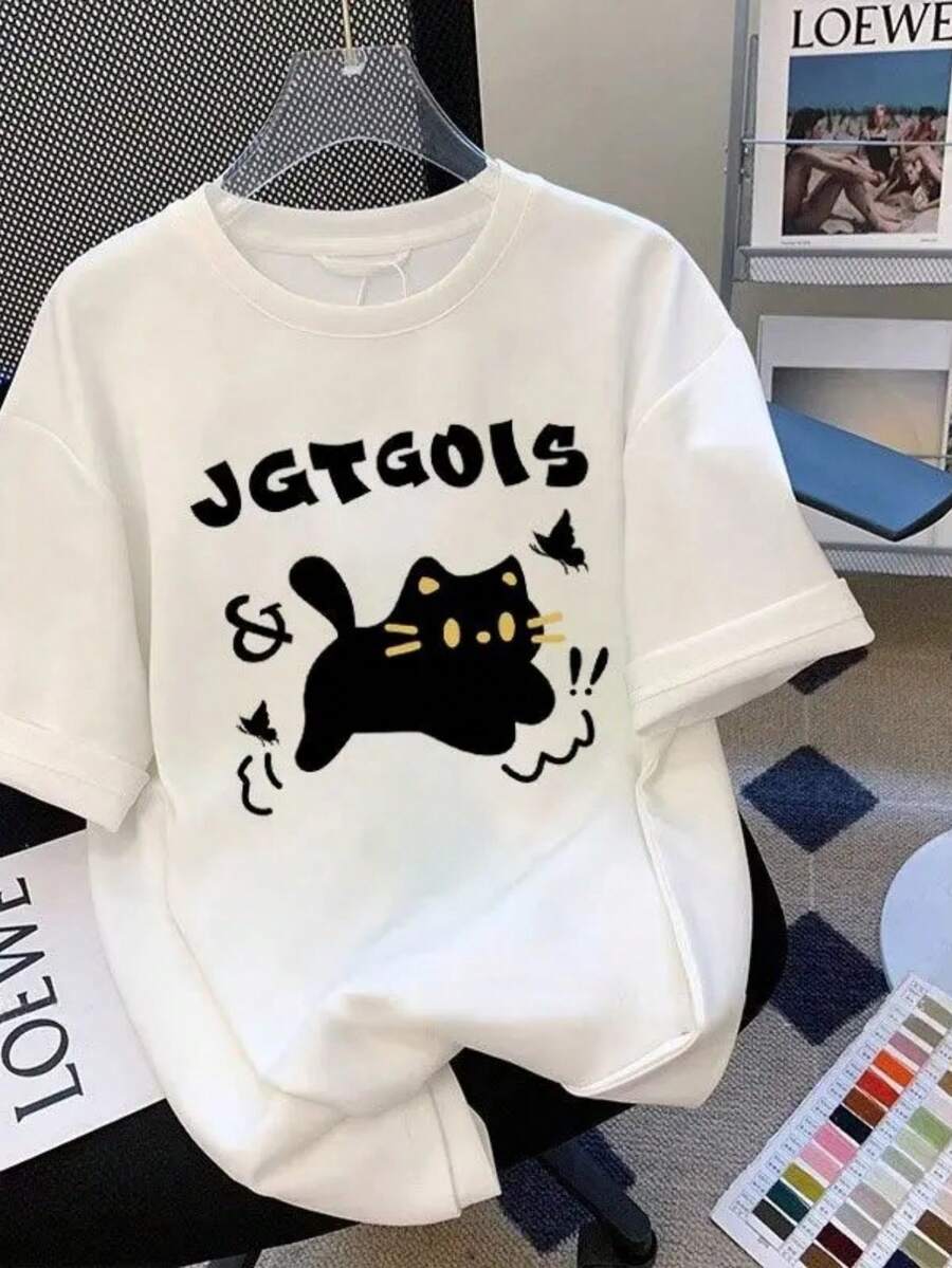 Pure Short Sleeve T-Shirt Women's Casual Slimming Round Neck Cat Print Summer Top Korean Style Casual Wear Tops Graphic Y2K - 白色9 - 查看 1