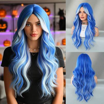 PIAOYUN Lange, lockere, wellige blaue Highlight-Asche-Perücken mit Mittelscheitel, hitzebeständiges synthetisches Haar, mit Vorhangfransen für täglichen Musikfestival-Party-Tragen, Cosplay Halloween