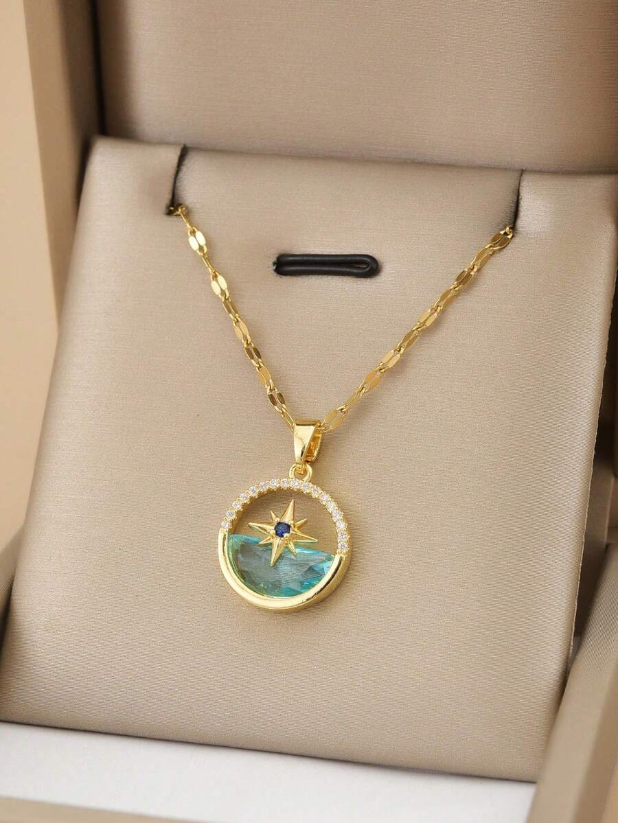 1 chiếc vòng cổ sao biển hình bát giác bằng thép không gỉ thời trang dành cho nữ, ngôi sao trên đại dương, dây chuyền vàng, trang sức vàng, quà tặng, trang sức - Vàng - Xem 1