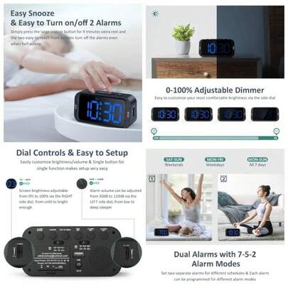 - Reloj despertador digital dual para recmara, fcil de instalar, 0 - atenuador, cargador, 5 sonidos de volumen ajustable, modo de da laboralfin de semana, repeticin, 1224 horas,