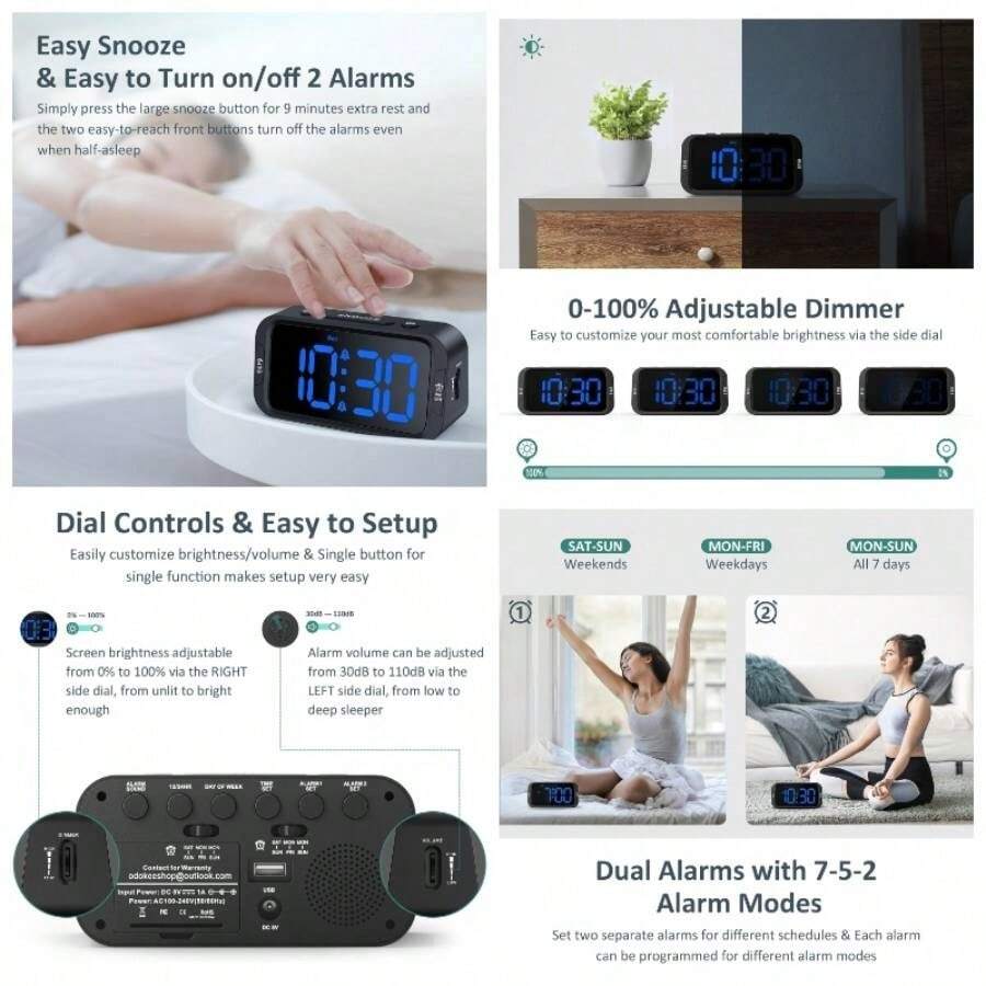 - Reloj despertador digital dual para recmara, fcil de instalar, 0 - atenuador, cargador, 5 sonidos de volumen ajustable, modo de da laboralfin de semana, repeticin, 1224 horas, - Led negro - azul - Ver 1