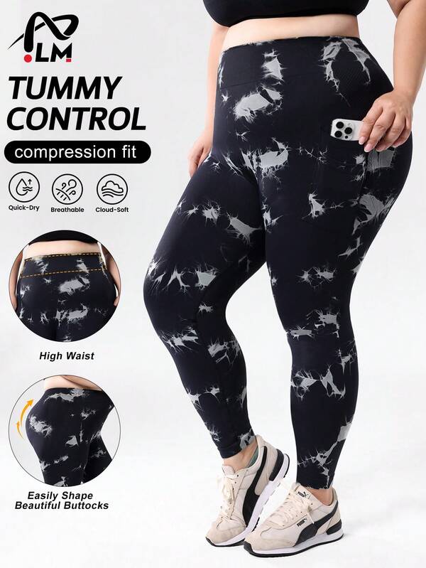 Pantalon de yoga et de fitness taille haute sans couture avec motif tie-dye et poches latérales pour femmes grandes tailles. Design froncé pour soulever et sculpter la taille. Leggings de gym et de yoga, convient pour toutes les saisons et activités