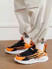 1 Pair Breathable Mesh Casual Running Shoes, Striped Sporty Style, Low-Top Sneakers For All Seasons, Hook & Loop Closure, Round Toe Fabric Uppers And EVA Soles, Suitable For Boys And Girls