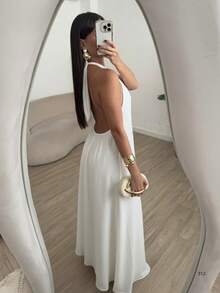 Women's Long Duna Dress Elegant Summer High Neck Tank Top Bare Back Bow - 白色 - 查看 5