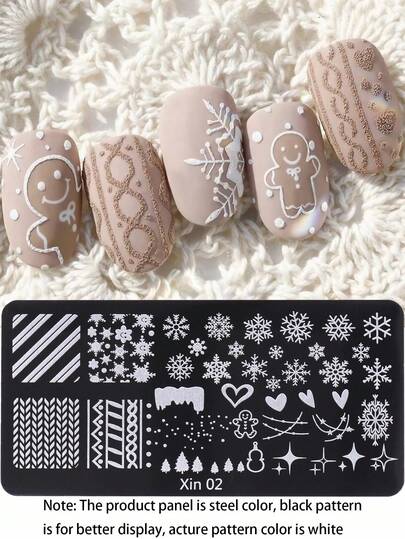 1pc Christmas Gingerbread Man Nail Stamping Plates Snowflake Santa Claus Knitted Pattern Xmas Winter Image Steel Plate Nail Template DIY Printing Stencils Manicure Tools, Nail Art Accessories
