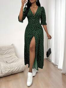 Elegante Vintage de la Mujer de puntos impresos con cuello en V Botón de Split Vestidos,Falda larga estampada de media manga - Verde - Ver 4