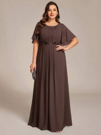 Plus Short Sleeves Chiffon Appliques Long Brown Bridesmaid Formal Dresses For Wedding Fall Winter Wedding Guest Dress