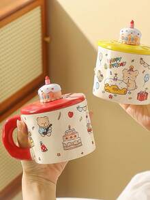 1 pieza Taza de cumpleaños linda con tapa, taza de cerámica de alta calidad, regalo para mujeres/hombres, regalo de cumpleaños, taza de pareja, taza de café/leche para el desayuno, taza para ceremonia de cumpleaños, taza de cumpleaños con tapa con dibujo de perro, taza regalo de cumpleaños