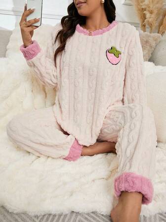 Plus Size Women's New Velvet Embroidered Floral Thick Warm Fluffy Sleepwear Set, Long Sleeve Top And Pants, Suitable For Outerwear, Winter, Cozy Clothes