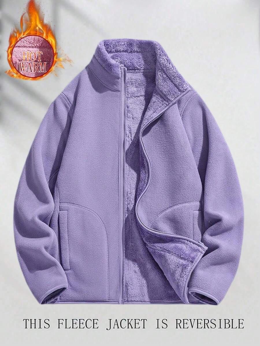1pc Women's Reversible Hooded Fleece Jacket, Outdoor Warm Solid Color Zipper Sweatshirt, Autumn/Winter,Skiing - Purple - View 1