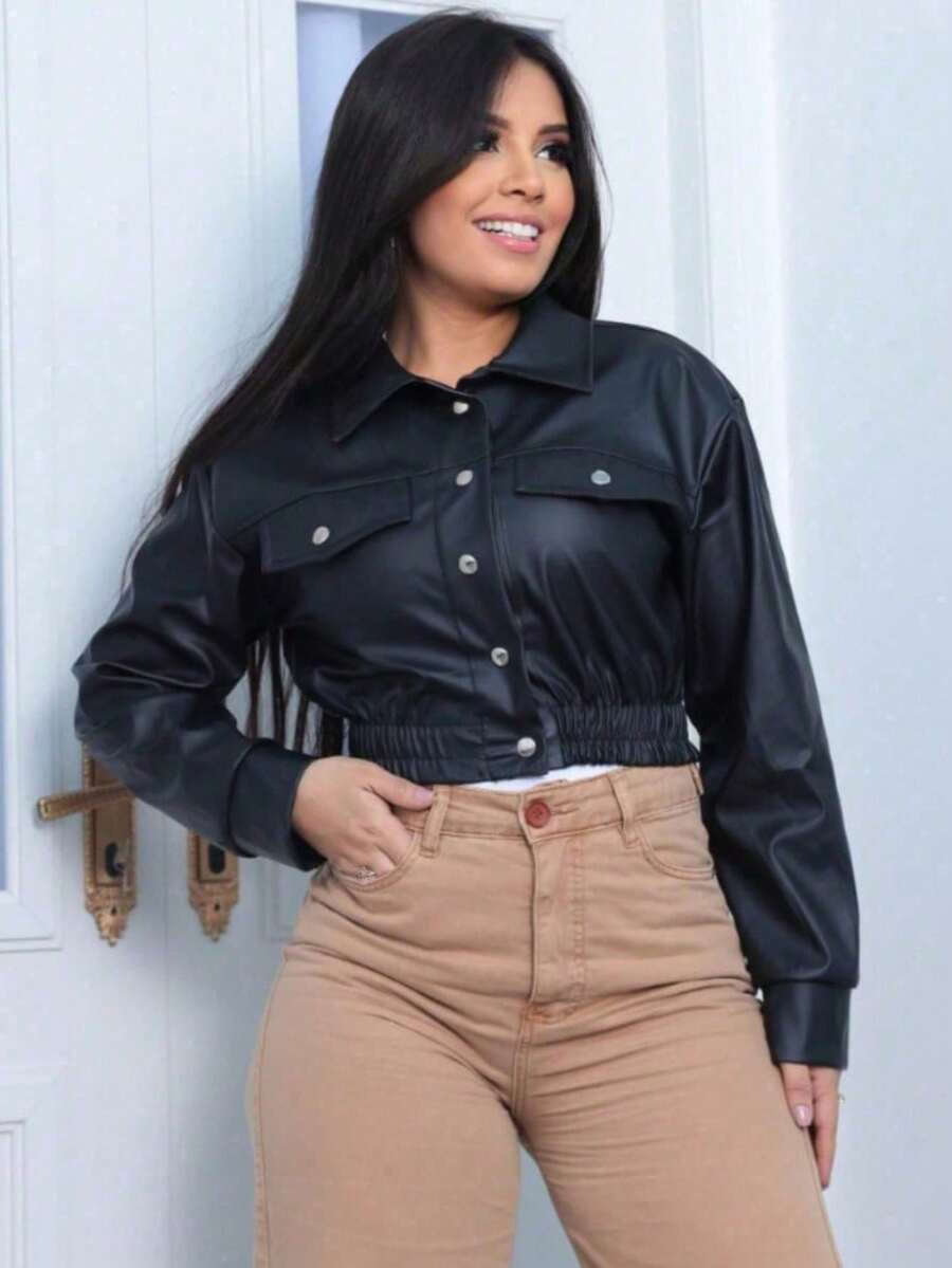 Women's Faux Leather Jacket Long Sleeve Front Pockets - 黑色 - 查看 1