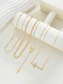 4 قطع طقم قلادة على شكل حرف Y، تصميم أنيق وعصري بطراز عتيق مزين بخرز مصطنع، صليب، نقش بارز، ومرصع بالراين ستون، سلاسل متنوعة الأنماط مناسبة للمناسبات والحفلات والهدايا والاستخدام اليومي