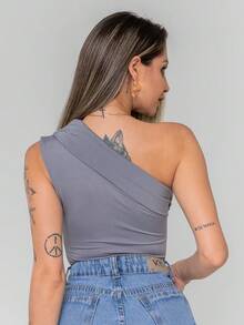 Women's Elegant Asymmetrical One-Shoulder Tank Top Bodysuit - 灰色 - 查看 9