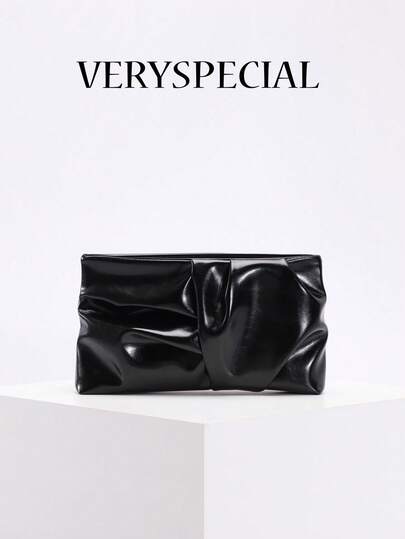 1pc High-End Wrinkled PU Leather Black Clutch Bag, Unique Pleated Design, Glossy Oil Skin Texture, Minimalist Luxury Style, Suitable For Party, Banquet, Long Dress