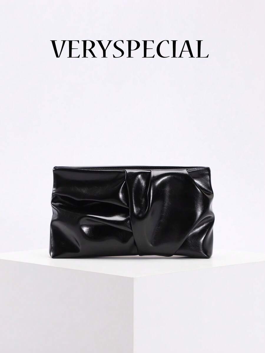 1pc High-End Wrinkled PU Leather Black Clutch Bag, Unique Pleated Design, Glossy Oil Skin Texture, Minimalist Luxury Style, Suitable For Party, Banquet, Long Dress