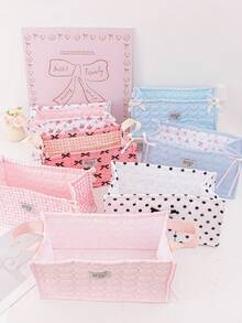 1pc Cute Storage Basket With 3D Bow Lace Decor, Desktop Organizer Basket For Makeup Brushes, Skincare Products, Desktop Decor, Cosmetic Organizer, Portable Picnic Basket, Valentine's Day Gift, Bathroom Storage Basket - Multicolor - View 3