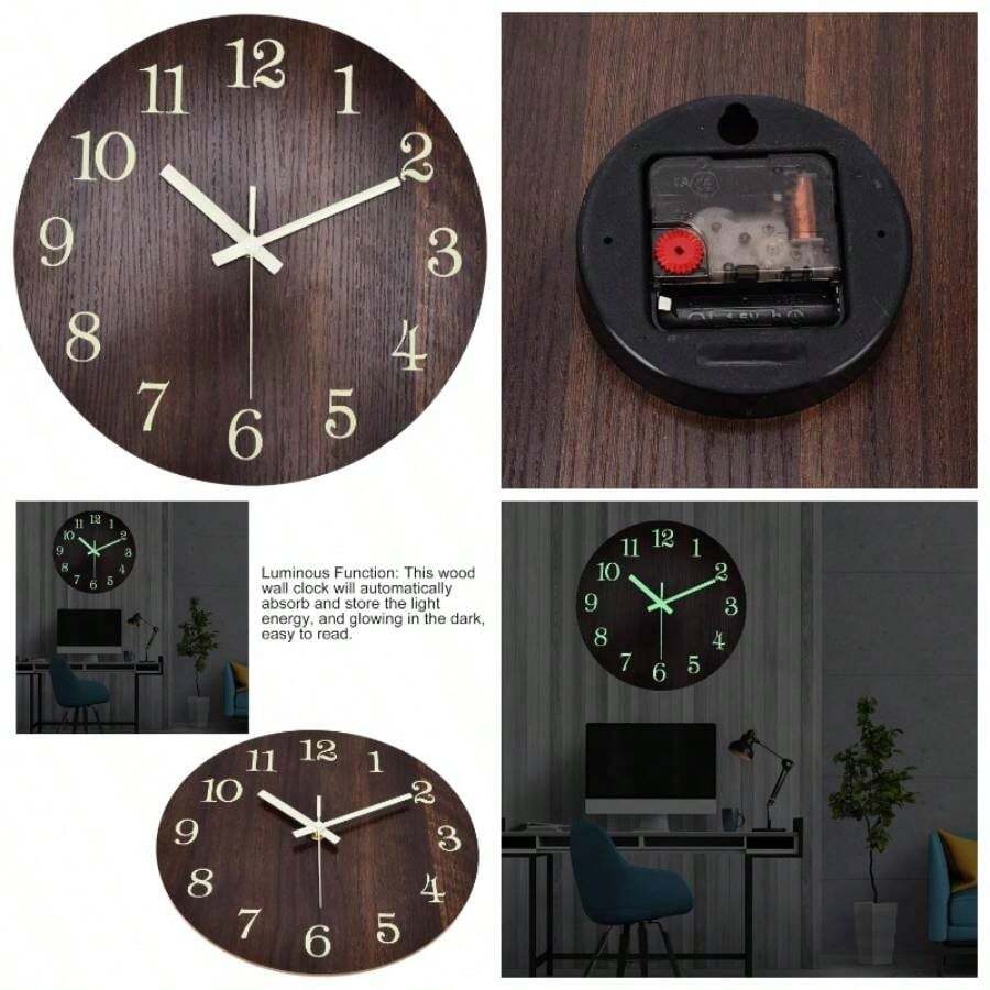 Reloj de Pared que Brilla en la Oscuridad, Reloj de Pared con Luz Nocturna, Reloj de Pared de Silencioso que No Hace Tictac, Funciona con Pilas, Reloj de Pared Moderno para - Marrón - Ver 1