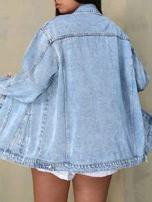 Women's Plus Size Denim Jacket  Vintage Washed Loose And Slimming Mid Length Jacket  Plain    Casual    Pocket  Button Front    Daily  School  Travel    Versatile Boyfriend Style Denim Jacket - 淺色水洗藍 - 查看 2