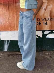 MYOURSA Jeans de pierna ancha y suelta con estilo Y2K, de talle alto, desgastados y con estilo vintage de calle casual, color azul claro para mujeres en primavera - Lavado ligero - Ver 4