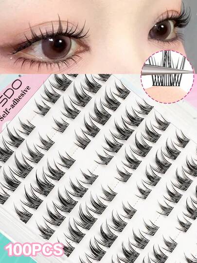 YSDO 100pcs/Box Single Cluster Self-Adhesive Fluff Lashes, 9-11mm, Natural Curly Segmented Soft & Comfortable Glue-Free False Eyelashes, Suitable For Girls' Daily Makeup