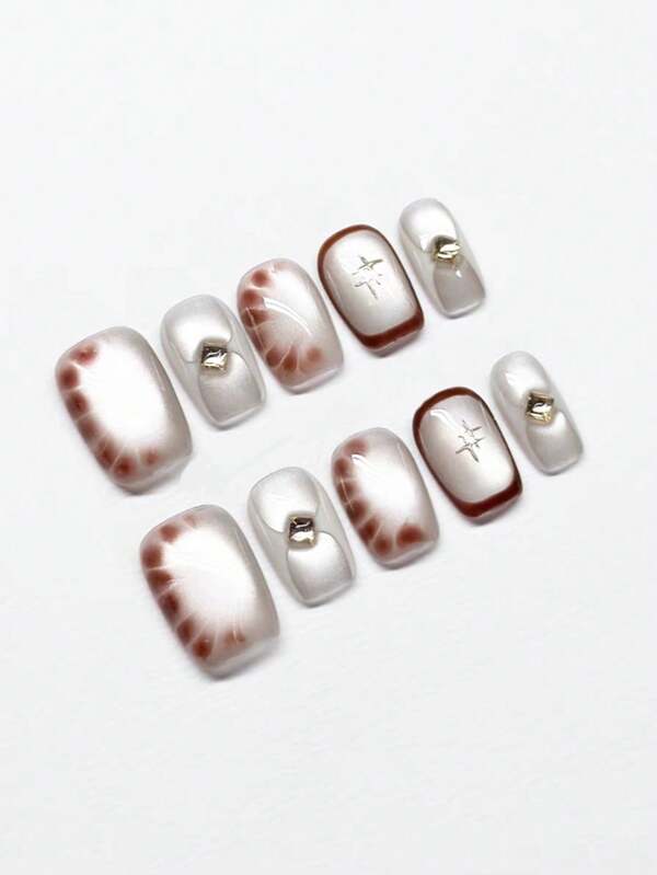 10 pièces/set d'ongles carrés blancs à pointe d'étoile avec petits diamants, effet œil de chat entièrement recouvert, pressés à la main, réutilisables, 4 tailles au choix, convient aux filles/femmes, actrices, spectacles, festivals, fêtes, mariages, port quotidien, cadeau préféré, très mignon