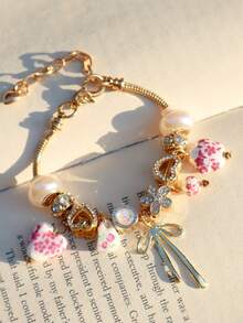 1pc Vintage Ceramic Charm Bracelet, Imitation Blue And White Porcelain Heart Flower Bracelet, Star Bracelet, Ceramic Heart Bow Bracelet