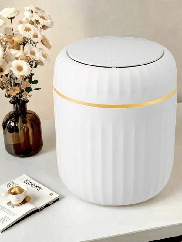 Round Luxury Mini Pressure Trash Can - White Plastic With Golden Stripe, One-Press Open/Close / Odor Prevention / Compact Design For Office Workers / Students / Home Users, Desk / Car / Bedroom, Halloween / Fall, Gifts For Friends / Family, Minimalist Style (Mini Trash Can / Pressure Trash / Desktop Organizer / Home Decor / Office Gift / Halloween Accessory / Fall Decor)