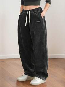 Women's Corduroy Casual Pants With A Drawstring Waist, Back Pockets, And A Fashionable Letter Label, Suitable For Everyday Wear - 黑色 - 查看 1