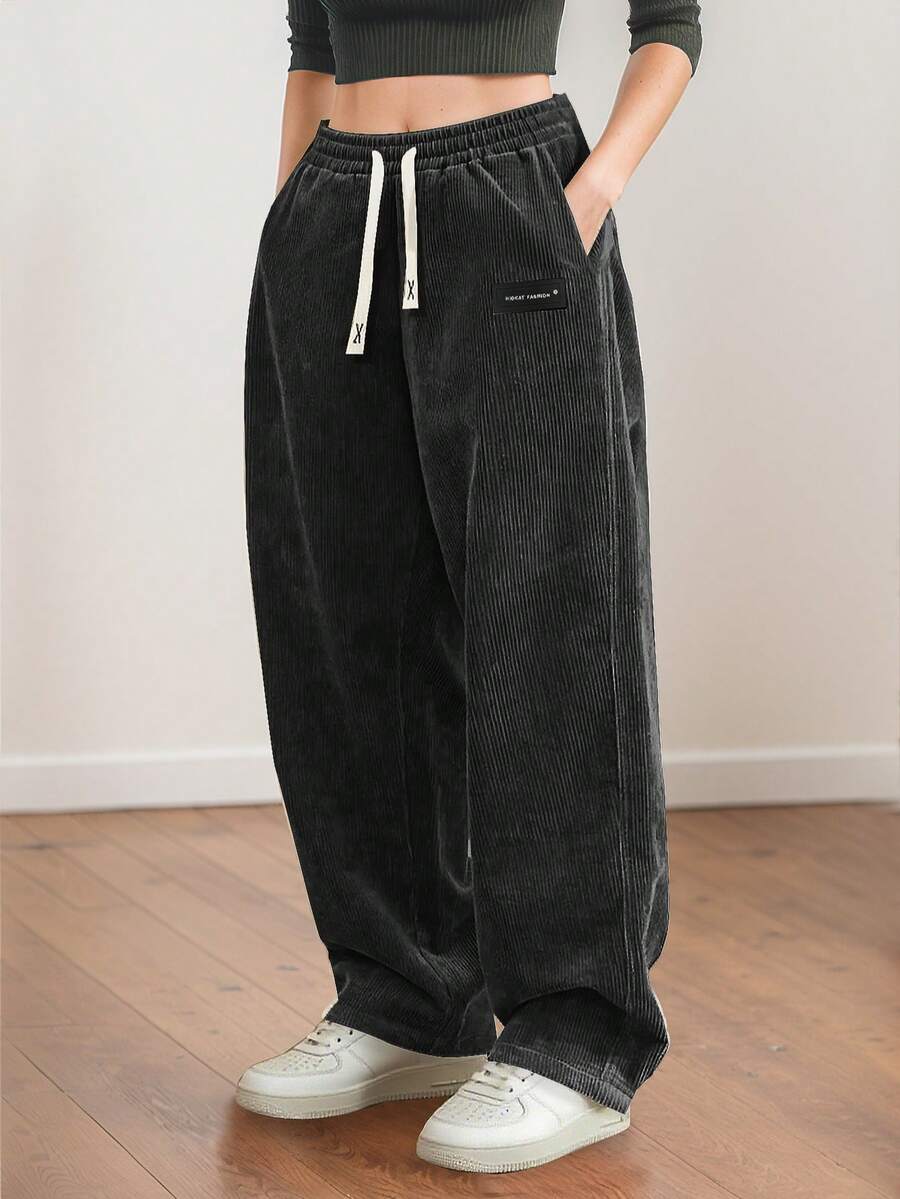 Women's Corduroy Casual Pants With A Drawstring Waist, Back Pockets, And A Fashionable Letter Label, Suitable For Everyday Wear - 黑色 - 查看 1