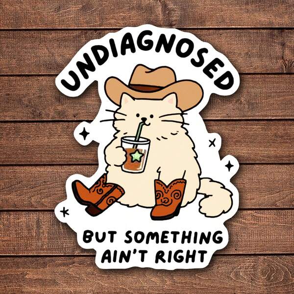 1/2/5pcs Funny Cowboy Cat Sticker- Undiagnosed But Something Ain't Right, UV-Protected | Glossy Finish | Perfect For Laptops, Water Bottles, Phones | Ideal Gift For Book Lovers & Readers, For Return School, Book Lover Gifts,Art,Paintings,Perfect Cubicle Decor, Gag Gift For Work