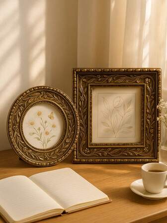 Vintage Ornate Gold Photo Frame - Square Floral Frame & Round Wreath Carved Frame | Retro European Baroque StyleDecor Decor For Living Room, Bedroom, Study