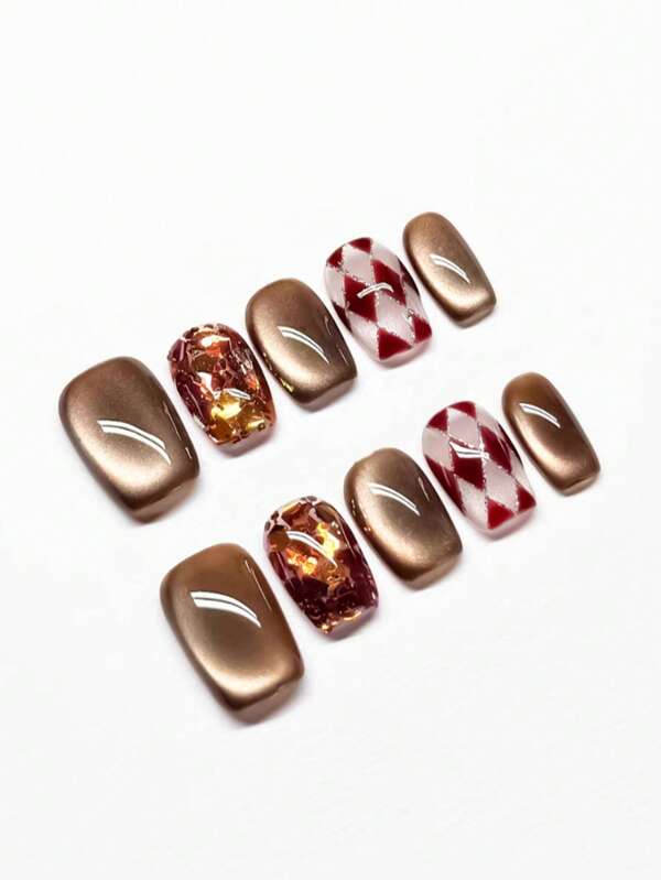 10 pièces/set Ensemble d'armure en cristal à deux pièces rectangulaire marron à carreaux pour les yeux de chat, tout compris, pressé à la main, réutilisable en 4 tailles, convient aux filles/actrices, représentations sur scène, festivals, fêtes, mariages, port quotidien, cadeau préféré, extrêmement mignon