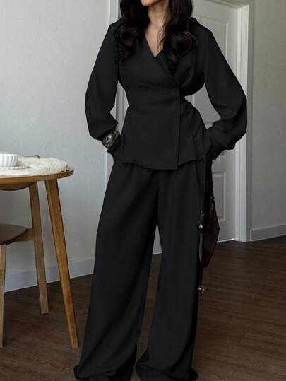 女士优雅休闲两件套，修身长袖系带上衣搭配高腰长裤，纯黑色，春季款