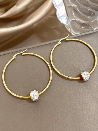 1Pair Large Hoop Earrings For Women Rhinestone Golden Hoop Earrings Stainless Steel Earrings For Daily Party Halloween Christmas Birthday Jewelry Gifts