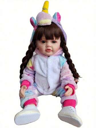 55 CM 22 Inch Reborn Baby Girl Doll With Soft Vinyl Body, Lifelike Realistic Princess Toddler With Long Brown Hair Newborn Baby Kids Birthday Gift