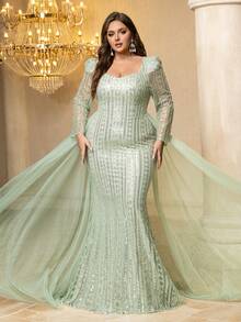 UNITHORSE Plus 女士【随机剪裁】甜心领长袖奢华闪亮珍珠亮片网纱面料礼服，适合正式场合、晚宴、婚礼、红毯活动 - 綠色 - 查看 4