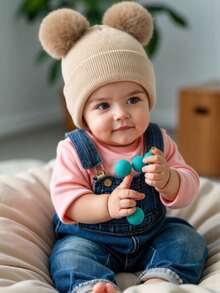 1 pieza Gorro de punto cálido de otoño/invierno con diseño lindo de doble bola esponjosa, gorro adecuado para bebés recién nacidos.