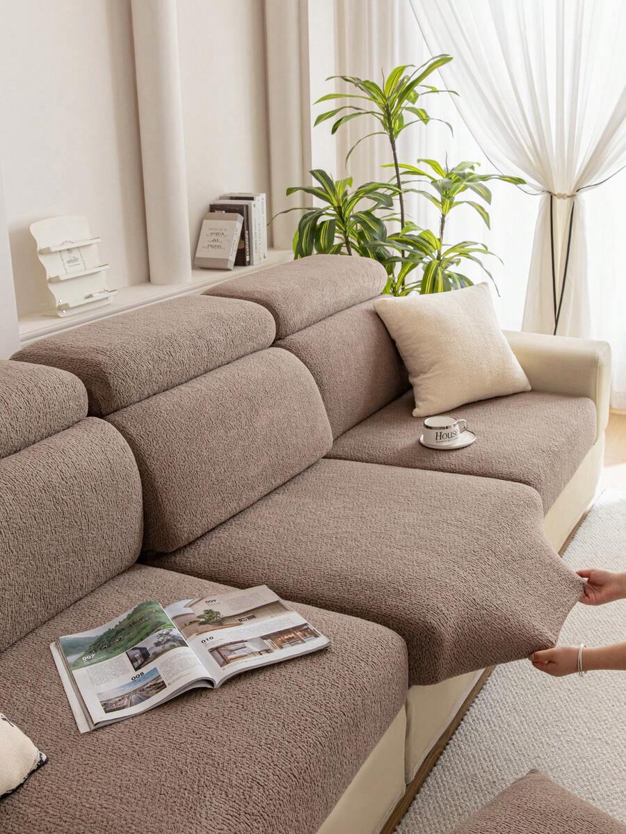 1pc Solid Color Stretch Bohemian Style Sofa Cover, Slip Resistant Anti-Scratch Sofa Protector, Home Decor For All Seasons, Machine Washable, Fits 1/2/3/4 Seater Sofas - Khaki - View 1
