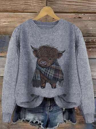 Crew Neck Contrast Color Cartoon Cow Print Casual Loose Knit Pullover Top