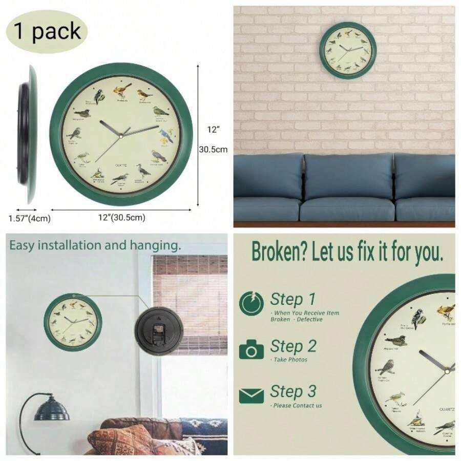 - Reloj de Pared de pjaros Cantantes, 12 Pulgadas de Nombres y Canciones de pjaros - Verde (30,5 cm) - Ver 1