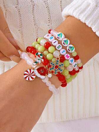 6pcs/Set Christmas Soft Clay Crystal Bracelet Set, Alloy Drip Oil Santa Claus, Christmas Tree, Snowman Bell Glove, Reindeer Snow House Christmas Letter Beaded Bracelet Set, Christmas Gift Set