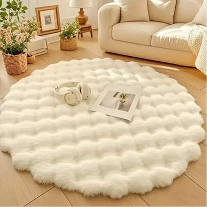 1pc Premium Fluffy White Round Rug, Plush Shaggy Carpet - Soft Faux Fur Fuzzy Rug - Non-Slip Washable Rectangular Large Carpet For Living Room Bedroom