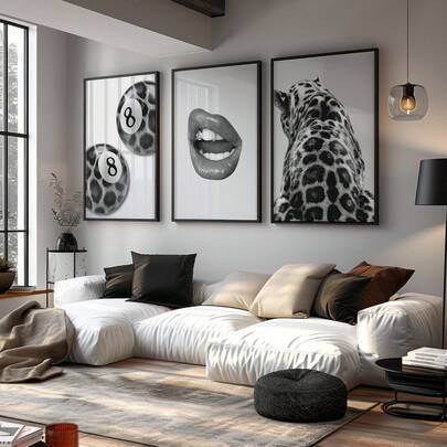 1/3 piezas Juego de arte de pared sin marco de 3 piezas con estampado de guepardo, decoración de dopamina con pósteres de lujo en blanco y negro y estampado de bola 8, colección de animales para dormitorio, dormitorio universitario, sala de estar, paquete de regalo, decoración de habitación Funkyposters